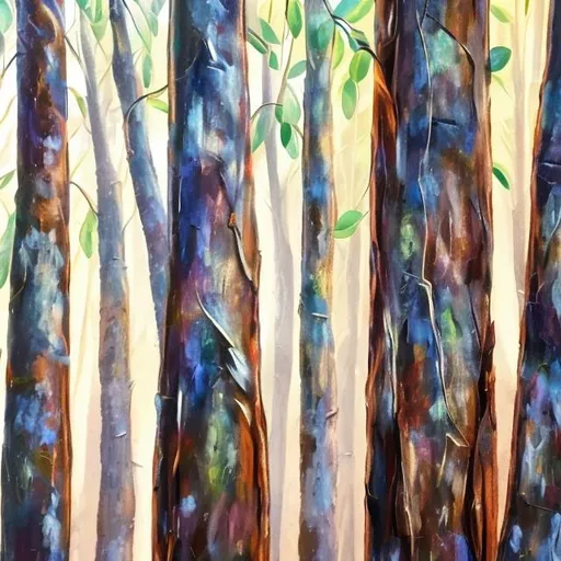 Prompt: realistic acrylic painting, Soft lighting, eucalyptus tree, shedding bark, close up, background blurred forest.