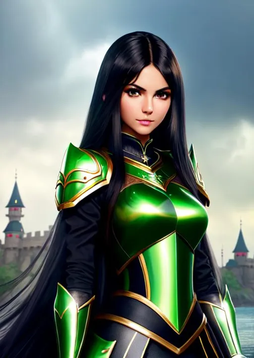 Prompt: victoria justice, black long hair, green eyes, dark skin, armor, castle, calm face, standing, best quality, realistic, masterpiece, an extremely delicate and beautiful, CG, extremely detailed , highres, extremely detailed, beautiful detailed girl, realistic, beautiful detailed green eyes, light on face, cinematic lighting