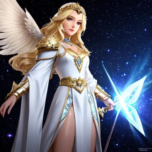 Prompt: light cleric with radiant crystal staff, blonde with white robe edged in dark gray owl feathers, wide angle, character build cleric. tan skin, diamond jewelry. realistic animation. deep space background.