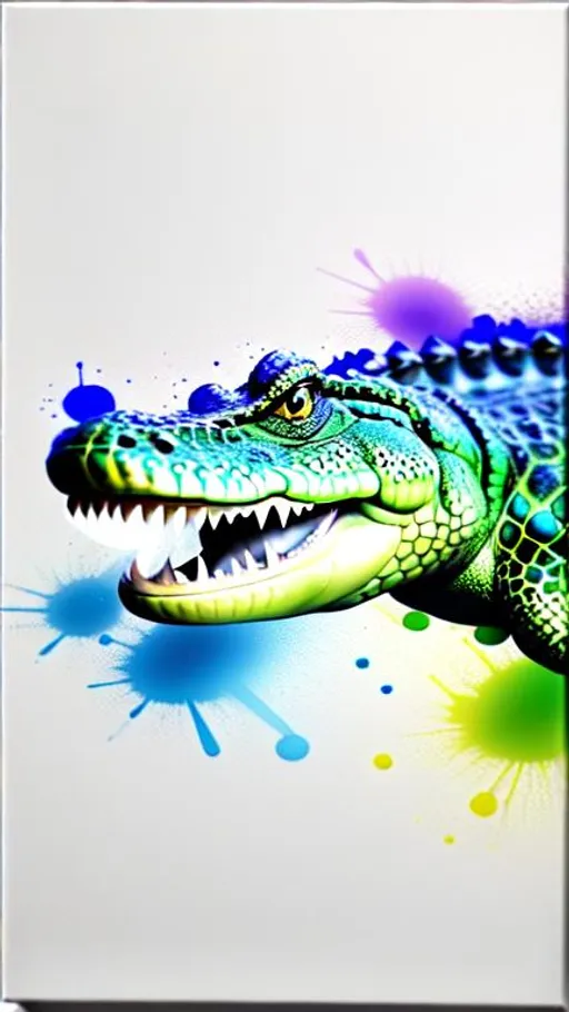 Prompt: 4K, ultra realistic, shiny, colorful, round, crocodile coming out of white canvas with splotches of paint on the canvas