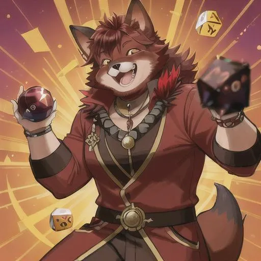 Prompt: A male red furry-otter hybrid chubby fursona smiling warmly while throwing some d20 dice, wearing mage robes, emphasising the fox ears and otter tail, in furry style