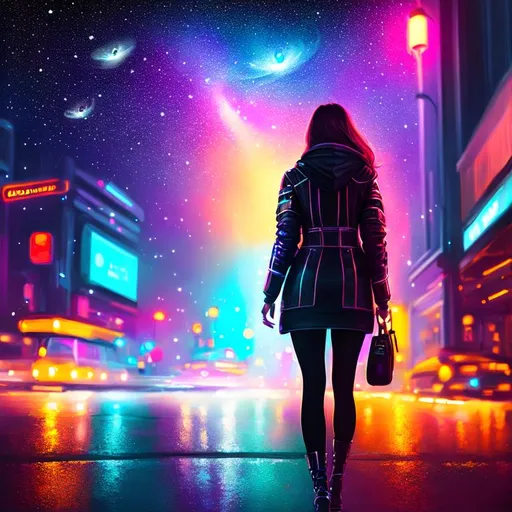 Prompt: painting of a woman, nighttime, city street, galaxy, soft light, art, painting, sweet, fireflies  cyberpunk