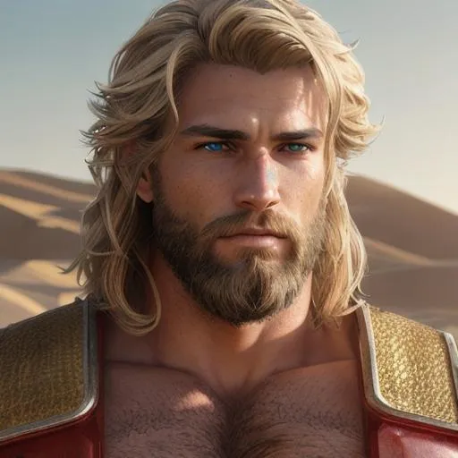 Prompt: Long shot, male warrior, rugged looking, strong musculature, sandy blonde, very hairy chest, short wavy hair and short trimmed beard, crimson clothing, very detailed eyes, UHD, 64K, sharp focus, studio photo, intricate details, highly detailed, by greg rutkowski