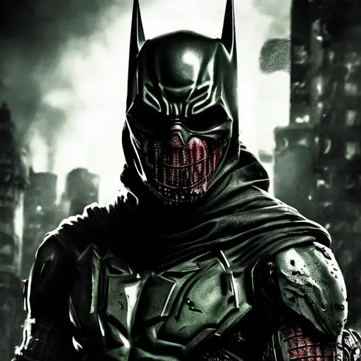 Prompt: Redesigned Todd McFarlane Gritty black and dark green futuristic military commando-trained villain batman Spiderman Batman spawn with full face mask. Bloody. Hurt. Damaged mask. Accurate. realistic. evil eyes. Slow exposure. Detailed. Dirty. Dark and gritty. Post-apocalyptic Neo Tokyo with fire and smoke .Futuristic. Shadows. Sinister. Armed. Fanatic. Intense. 