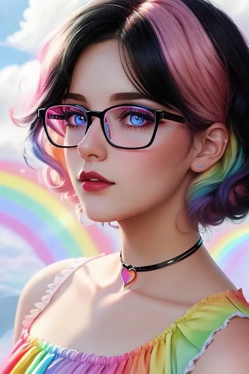 Prompt: soft female, perfect face, beautiful girl, rainbow background, black hair with rainbow highlights, pink clothes, soft lighting, hopeful, british, Illustration, Concept art, Digital, Perfectly drawn, background with rainbows and roses, blue eyes, glasses, british, blue eyes, glasses, looking away, goth outfit, gothic collar, choker