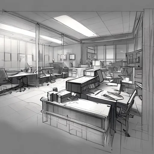 Prompt: detective investigation office sketch concept art artstation scenery