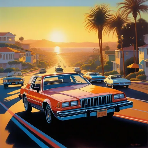 Prompt: 1980s, San Diego, car chase, sunny weather, warm atmosphere, cartoony style, extremely detailed painting by Greg Rutkowski and by Henry Justice Ford and by Steve Henderson