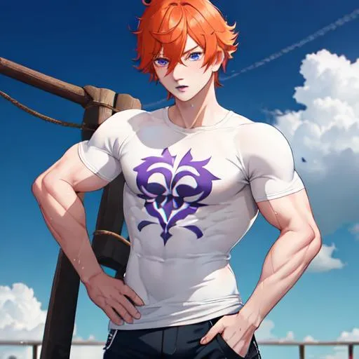 Prompt: Erikku male (short ginger hair, freckles, right eye blue left eye purple) muscular, UHD, 8K, Highly detailed, insane detail, best quality, high quality. hands in his pockets, wearing a t-shirt and shorts