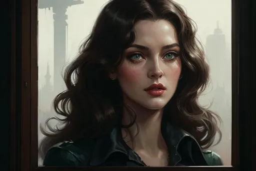 Prompt: digital painting concept art "the mistress" by ((Greg Rutkowski)), gritty noir, 1950s style, supermodel woman with green eyes and (long) curly brunette hair