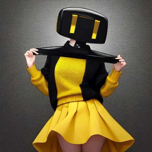 Prompt: Person with a television as a head wearing a yellow sweater and a black short skirt