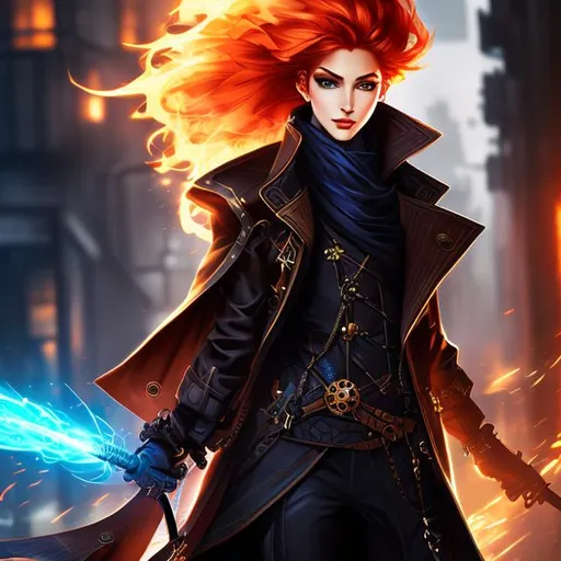 Prompt: Splash art, genasi, trench coat, ginger, flame hair, steampunk, victorian, sci-fi, very detailed character