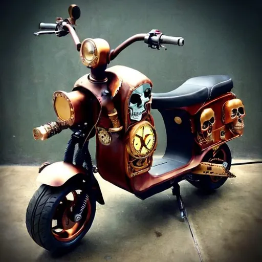 Prompt: Steampunk sit down electric scooter with skull theme