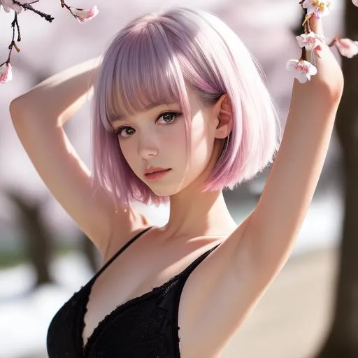 Prompt: Side view of 18 years old cute and beautiful girl, open eyes, closeshot of armpit visible to viewer,  facial details, messy stray hair bob fringe pink and silver, slim body, f-cup size, {{{one arm raised up armpit visible}}},,snowry winter cherry blossoms, armpit, hyperdetail, 4k, 8k, sunny day, pastel soild and sharp colour, backlit, facial expression, realistic, high details,  hi res, photography, smooth pale white skin, skin texture, two arms raised up armpit chest visible, transparent jelly cloth