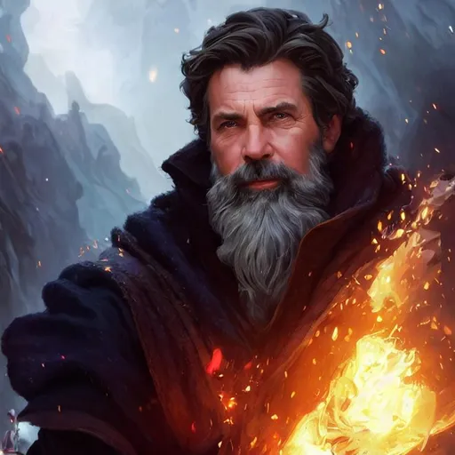 Prompt: fantasy portrait of middle-aged fantasy man mage, with greying brown hair, short beard, wearing navy coloured robes with small red runes on them, 8k resolution concept art portrait by Greg Rutkowski, Artgerm, WLOP, Alphonse Mucha dynamic lighting hyperdetailed intricately detailed Splash art trending on Artstation triadic colors Unreal Engine 5 volumetric lighting