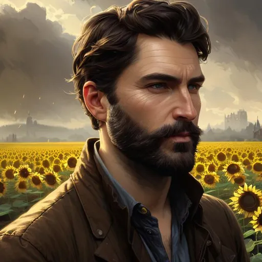 Prompt: Splash art portrait of ruggedly handsome dark brown haired man with short hair, with a light stubble, 30 years old, in a sunflower field, very dark brown eyes, victorian light clothes, elegant, highly detailed, intricate, smooth, sharp focus, artstation, digital painting, concept art, art by greg rutkowski, alphonse mucha and John William Waterhouse, light, romantic, 