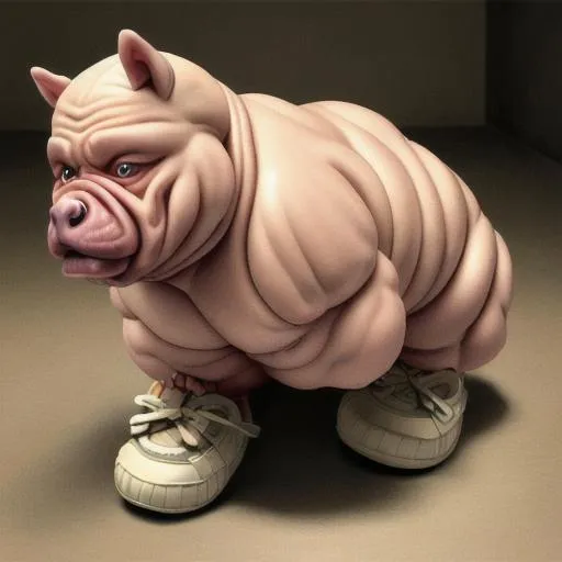 Prompt: hyper detailed muscle pony obese
wrinkly fat hairy midget wearing sneakers cripple creepy plump dog long fingers