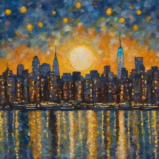 Prompt: A nightfall at New York City, Low Angle Shot, abstract art, starry night, moonlight, cloudy, Maurice Prendergast, sunset, award, a passionately vibrant interpretation, summer, Dramatic Lighting --v 5. 2 --style raw --s 750 --ar 9:16 --q 2