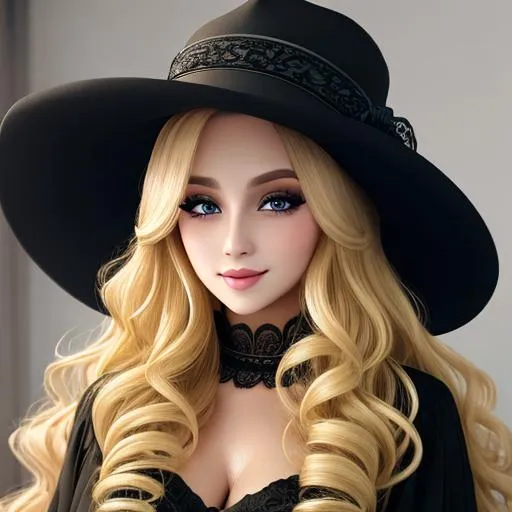 Prompt: A beautiful woman dressed in black, long  blonde very curly hair, facial closeup, cute hat