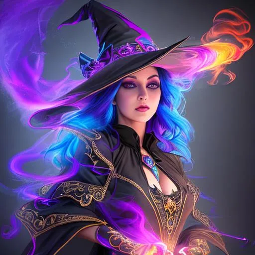 Prompt: Hyper photo realistic gorgeous witch with alluring eyes casting colorful magic spell, colored smoke, unreal engine 5, athletic figure, professional photography, elaborate, in the style of Frank Franzetta, 64 megapixels, detailed, realistic natural lighting, ornate, sharp focus, sharp image, 3-D, magical powers, photo realistic