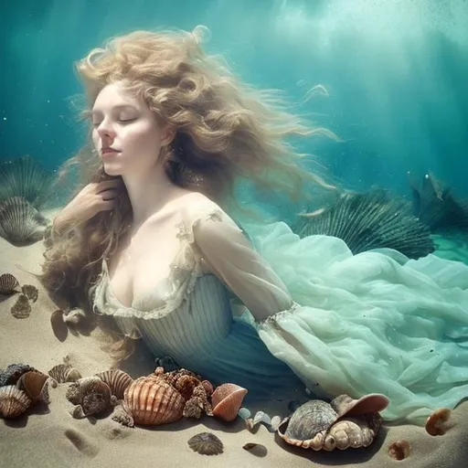 Prompt: woman in 18th century dress underwater sleeping on the sand.  Sea Shells, coral, bubbles, sea weed.  Flowing hair, Flowing dress.