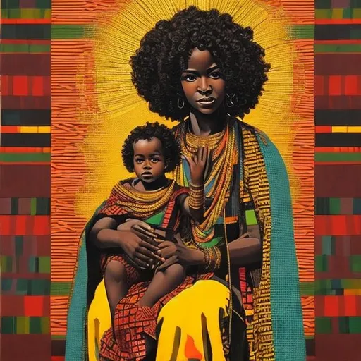 Prompt: Black madonna and child, kente shoulder wrap, madonna with large curly hair, howard pyle painting style