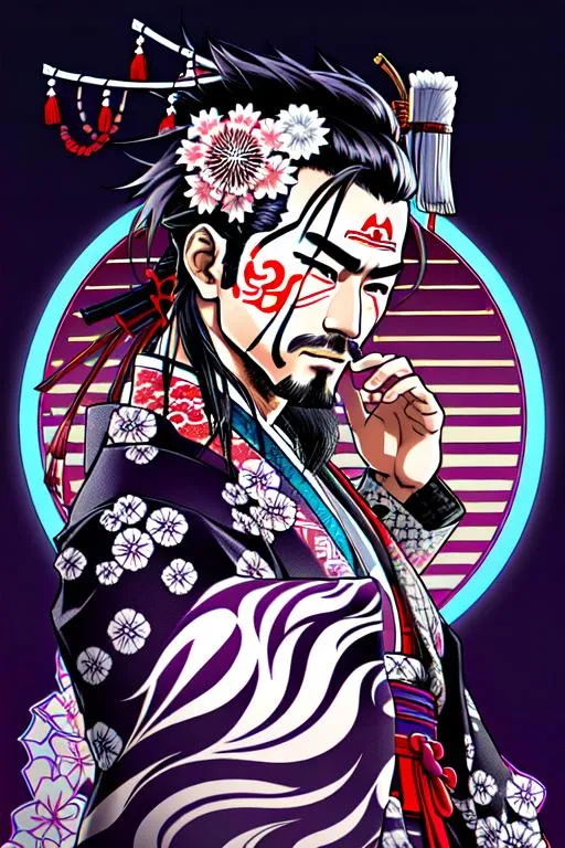 Prompt: HIGH DETAILED face, 16K a man samurai, realistic face japanese with a kimono, white face, vapowave colors, profile side, white face, lineart