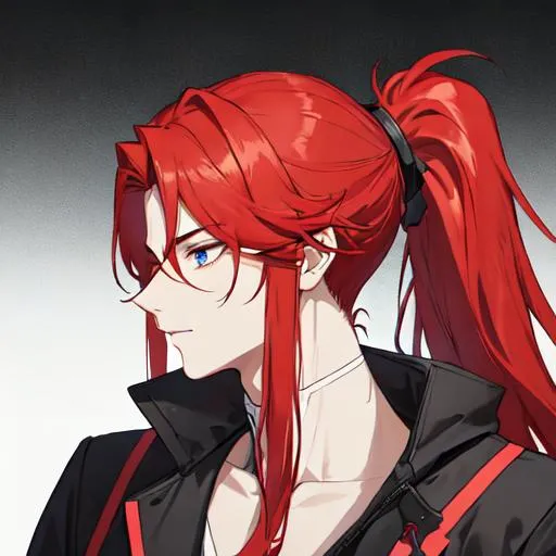 Prompt: Zerif 1male (Red side-swept hair covering his right eye) pulling his hair back into a ponytail, side profile