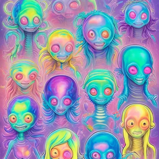 Prompt: Pastel aliens in the style of Lisa frank