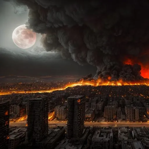 Prompt: UHD City in war-torn destruction and overgrowth dramatic lighting cinematic shots of skulls in smoke and fire in the streets. illusions of the human skull in the smoke and fire. large red moon
 



