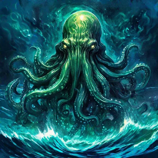 Prompt: A fantasy translucent enormous cthulu that is glowing, growling, ink pouring from its body, underneath the ocean, beneath the stars, bioluminescent, terrifying, horrifying, creepy,  highres, best quality, concept art