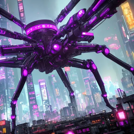 Prompt: 70 mm lens, cinematic movie, shot, full body front view, centered, award winning CGI, perfect angle, melancholy, devastated,

{(cyberpunk robotic spider:1.4), (purple color)}, (detailed dystopian cyberpunk city background:0.7), dominating, confident, 

(Detailed, ultra detailed:0.7, finest detail, intricate), vivid color, contrast, photorealistic, epic movie poster,

(Epic proportion, epic composition, epic sci-fi, symmetric, epic fantasy),

3D renders, RTX, octane render, photorealistic, hyper realistic, (bloom:0.2), volumetric lighting, neon reflection, reflection, ray tracing, global illumination, depth of field, soft shadow, neon glow, trending on artstation,

HD, UHD, 64K, 128K, professional work, masterpiece, Greg Rutowski,