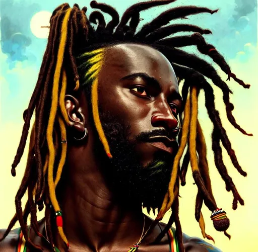 Prompt: Portrait of {Rasta} with {color} dreadlock hair and with kingly face, dark chocolate skin, {background}, perfect composition, hyperrealistic, super detailed, 8k, high quality, trending art, trending on artstation, sharp focus, studio photo, intricate details, highly detailed, by greg rutkowski