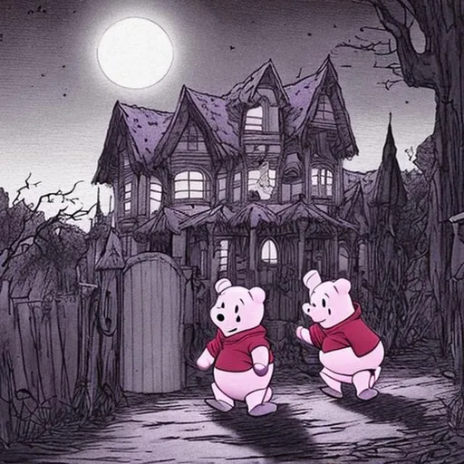 Prompt: Pooh visiting haunted houses with piglet at night