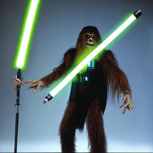 Prompt: Wookiee Jedi holding a green lightsaber in a duel