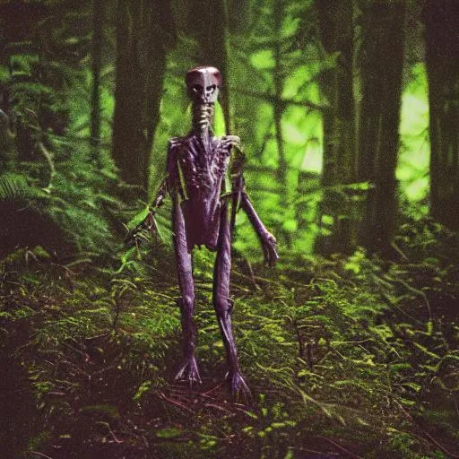 Prompt: eerie humanoid creature roaming a lush forest, grainy polaroid, early technicolour image, photorealistic