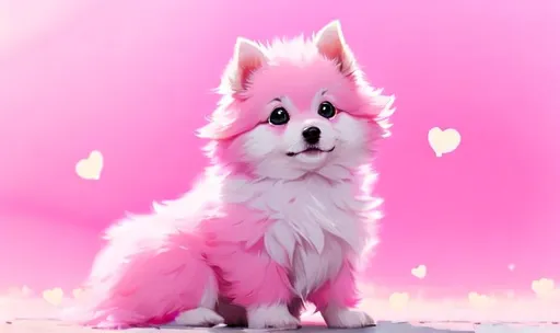 Prompt: Cute, pink, fluffy, fantasy love puppy, with light, pink eyes, very, pink fur, and possessing the element of love and making circles of hearts move around in the air in a magical way, background with pink fluffy hearts. Perfect features, extremely detailed, realistic. Krenz Cushart + loish +gaston bussiere +craig mullins, j. c. leyendecker +Artgerm.
