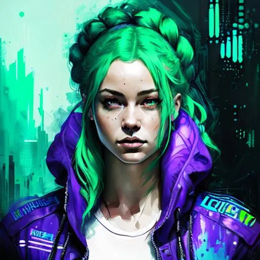 Prompt: "A hyper realistic detailed character poster ((portrait)) image of a ((beautiful woman)), with intricate ((cyberpunk clothes)) with braided ((ginger ombre green hair)), highly detailed, digital painting, Trending on artstation, HD quality, ((by Prywinko)), ((sexy))"