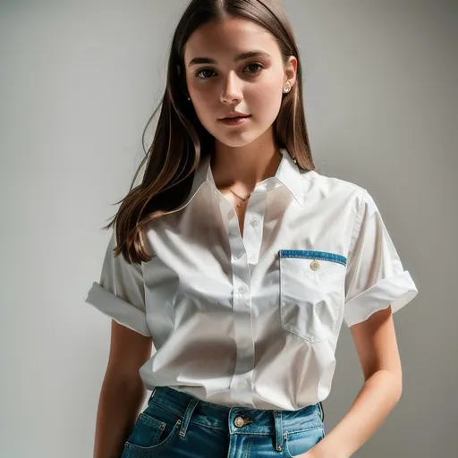 Prompt: Landscape of  girl wear white shirt with brown hair and with cute face, full body, perfect composition, hyperrealistic, super detailed, 8k, high quality, trending art, trending on artstation, sharp focus, studio photo, intricate details, highly detailed