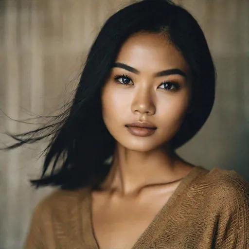 Prompt: portrait+ style photograph of a pretty young Indonesian woman, 25 year old, (round face, high cheekbones, almond-shaped brown eyes, slight epicanthic fold, short black hair, small delicate nose, slightly flattened nose bridge, wide nasal base, full luscious lips, light tan skin)