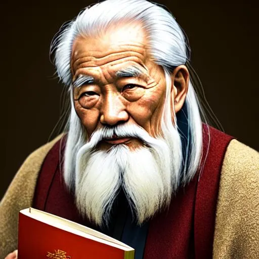 Prompt: Create a realistic image of an elderly Chinese man, approximately 90 years old, exuding wisdom and ancient knowledge. He should have a long white beard and hair, symbolizing his age and experience. His face should be wrinkled, portraying a lifetime of wisdom and stories.

The man should be holding an ancient-looking book, representing his profound knowledge and the wisdom he has gained over the years. The book should have a weathered appearance, hinting at its age and significance.

The overall image should have a dark and mystical atmosphere, with a black background and subtle shadows to add depth and intrigue. The lighting should be soft and well-balanced, illuminating the man's face and beard while casting gentle shadows that enhance the realism of the image.

For the camera angle, a slightly elevated and off-center perspective would be ideal. This angle will allow viewers to admire the man's features, emphasizing his wise expression and the details of his long white hair and beard. The composition should highlight the book he is holding, positioning it prominently in the frame while keeping the focus on the man himself.

The image should be high-definition (HD) to capture all the intricate details and nuances of the man's face, hair, and the ancient book he holds. The goal is to create a super realistic portrayal of an old Chinese man, radiating wisdom and capturing the imagination of viewers.