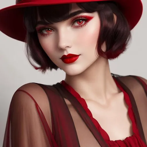 Prompt: a pretty girl  dressed in red, wearing a  large red hat 1920's era, bob hair cut, 1920's era makeup, facial closeup