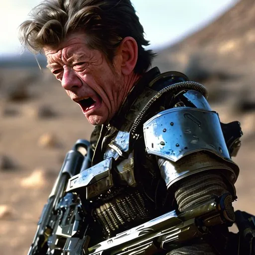 Prompt: A 28 year old John Hurt shouting angrily wearing an armored futuristic scifi military uniform and holding an advanced exotic shotgun in full color