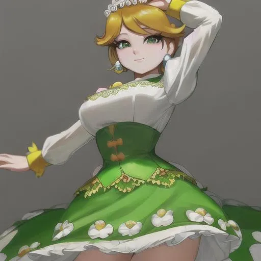 Prompt: princess daisy dressed in a tight skirt and a white blouse with green embroidery