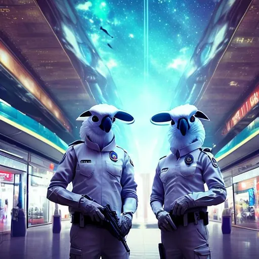 Prompt: Cockatoo security guards in a busy alien mall, widescreen, infinity vanishing point, galaxy background, surprise easter egg