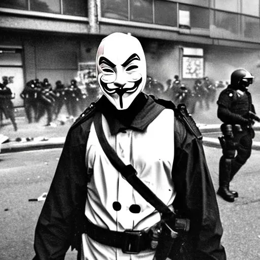 Prompt: anonymous maskbeing held up during a police riot