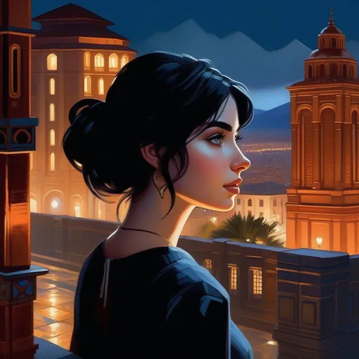 Prompt: Third person, gameplay, Cordoban girl, pale skin, black hair, brown eyes, Cordoba at night, skyscrapers, mountains in the distance, rain, cold blue atmosphere, cartoony style, extremely detailed painting by Greg Rutkowski and by Henry Justice Ford and by Steve Henderson 

