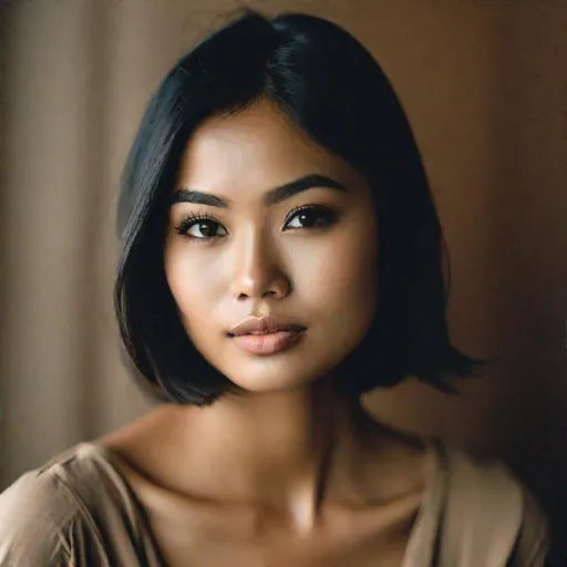 Prompt: portrait+ style photograph of a pretty young Indonesian woman, 25 year old, (round face, high cheekbones, almond-shaped brown eyes, slight epicanthic fold, short black hair, small delicate nose, slightly flattened nose bridge, wide nasal base, full luscious lips, light tan skin)