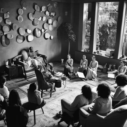 Prompt: A man sits in a chair and reads out loud surrounded by an audience of woman listening. In a modern living room.