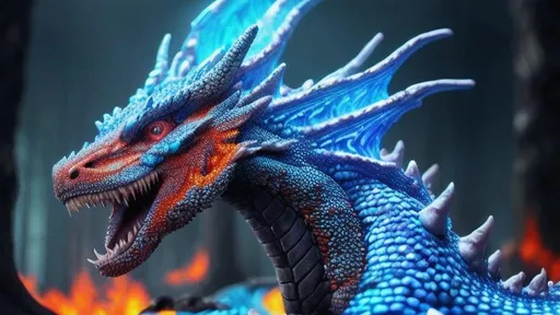 Prompt: Hyperrealistic, 3D, Hyperdetailed lava color Dragon, side view, Hyperdetailed scales, Hyperdetailed glowing blue eyes, Natural colors, four leg, Dragon wing, Beautiful hyperdetailed forest background