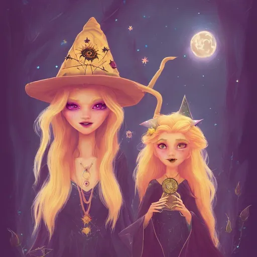 Prompt: witch with long blonde hair, tarot card, wearing witch hat, cute, sunflower, aesthetic, fairycore, disney, pixar, moon, stars, witchcraft, in a starry dark sky, beautiful, walking in a forest, sweet, dreamy, rpg, sci-fi, award winning illustration, artstation, highres